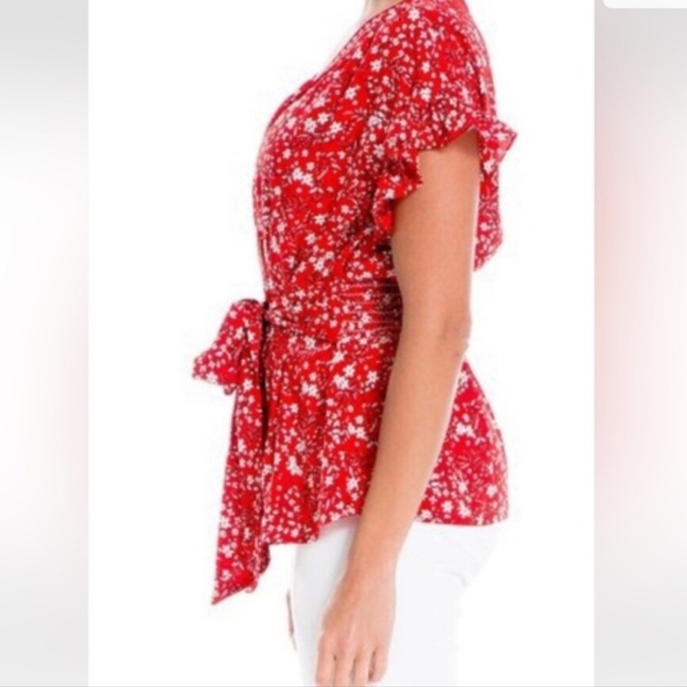 Max Studio Red Floral V-Neck Tie-Waist Blouse - Picture 6 of 15